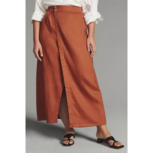 Anthropologie Dresses & Skirts - Anthropologie Rust Orange Linen Wrap Skirt Side Slit Button Closure US Size 6